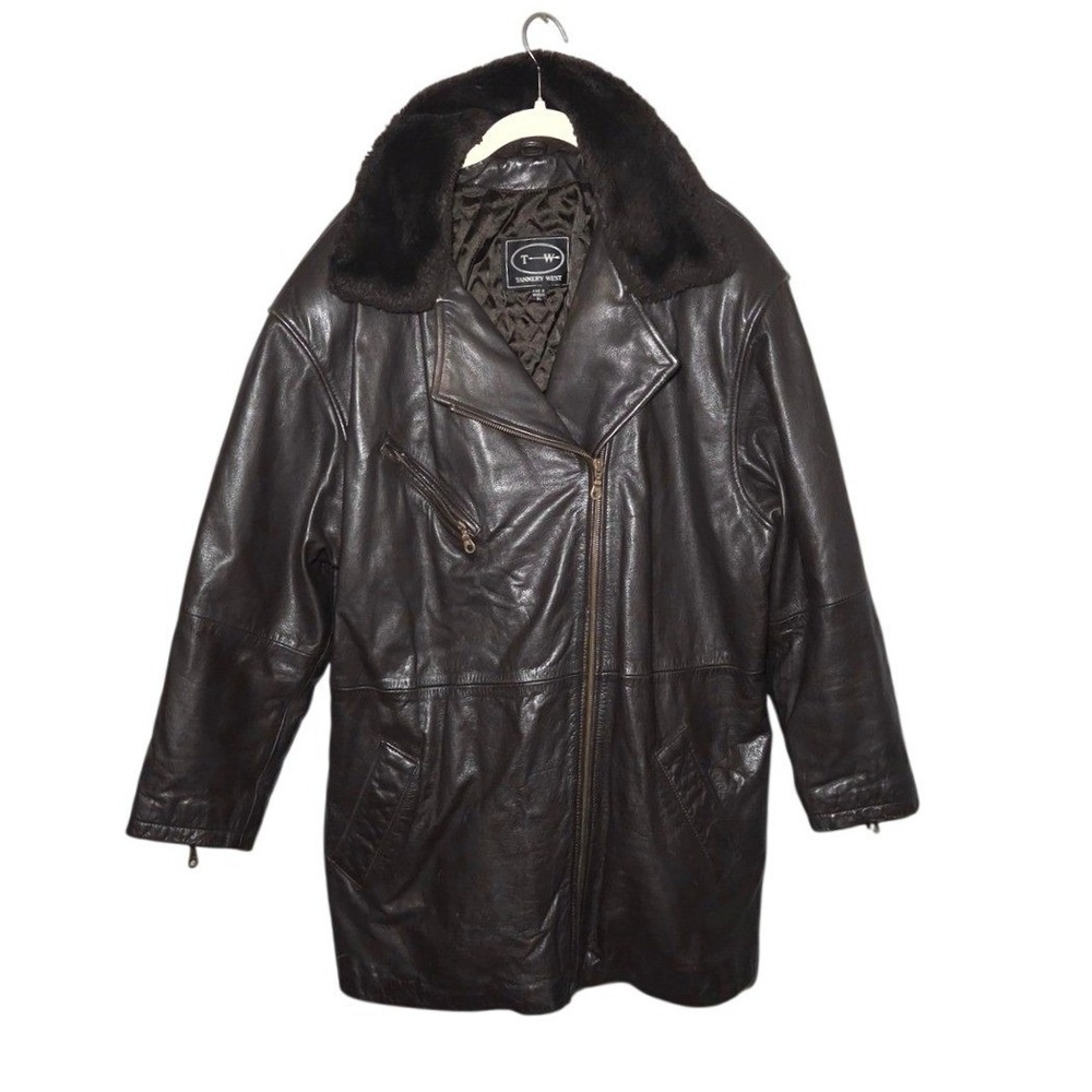 Vintage Tannery West Leather Jacket Mens XL Brown Faux Fur Collar Lined Coat